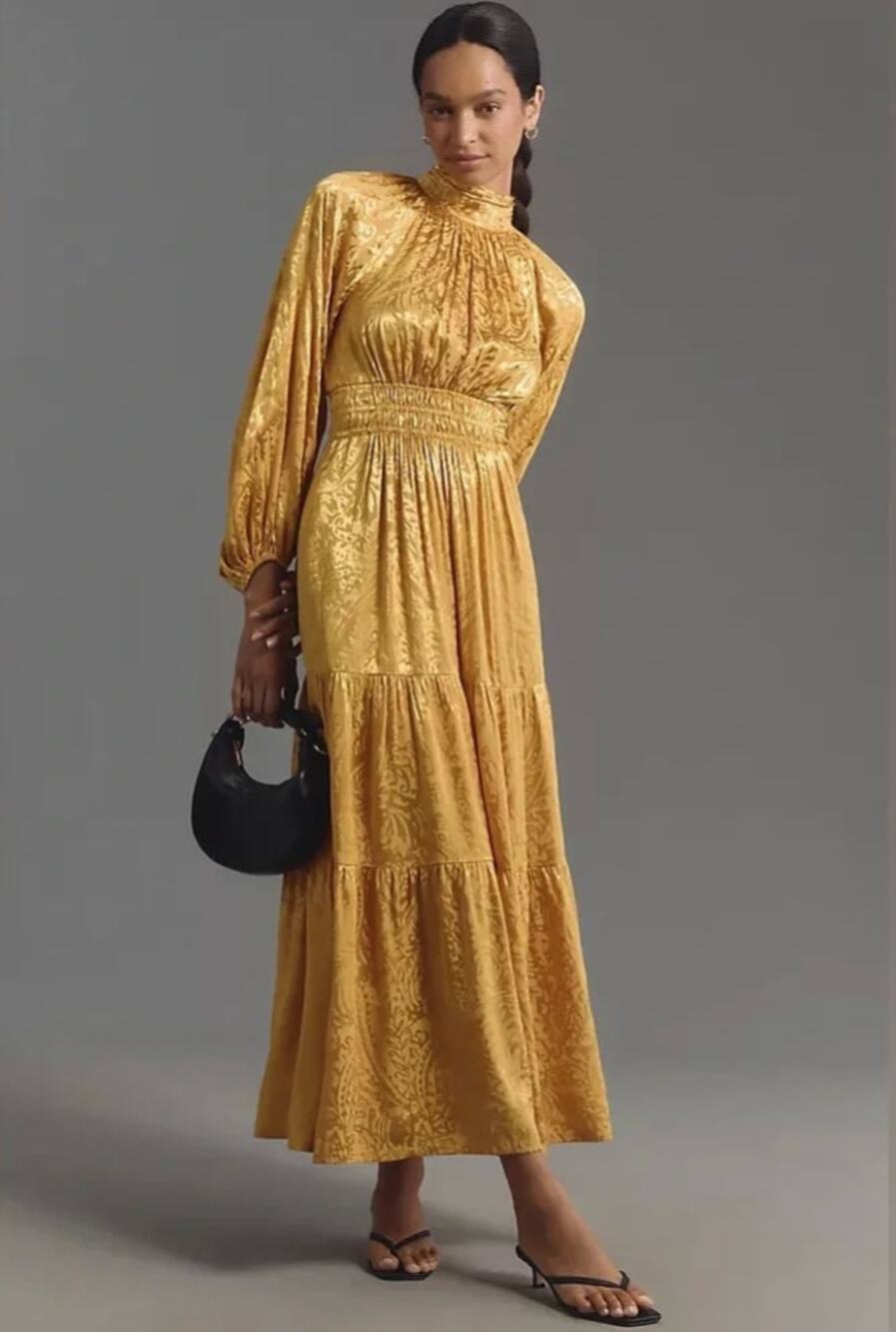 Anthropologie The Somerset Long Sleeve Maxi Dress Yellow Mock-Neck Petite XS P